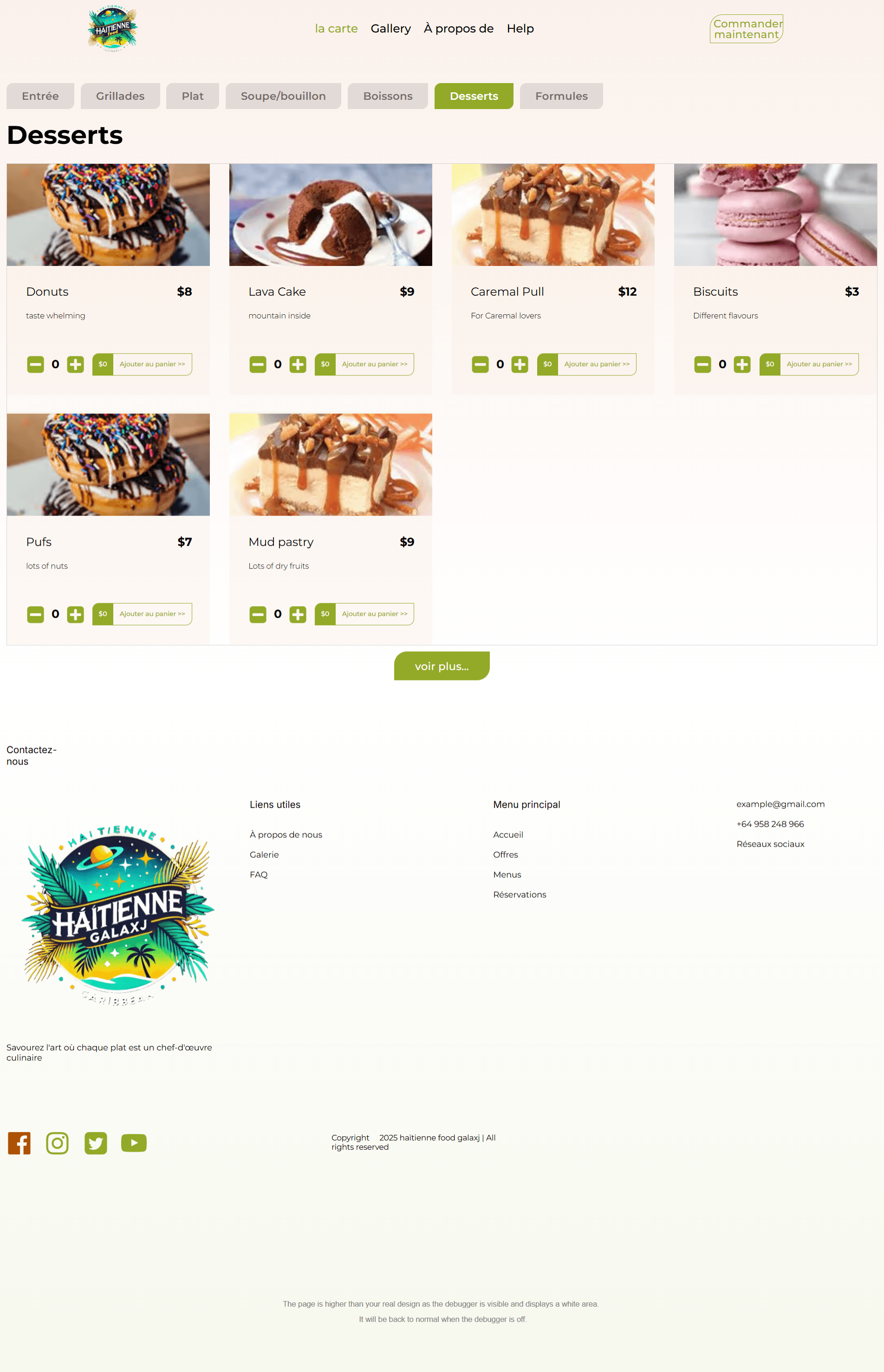 Page menu du site restaurant